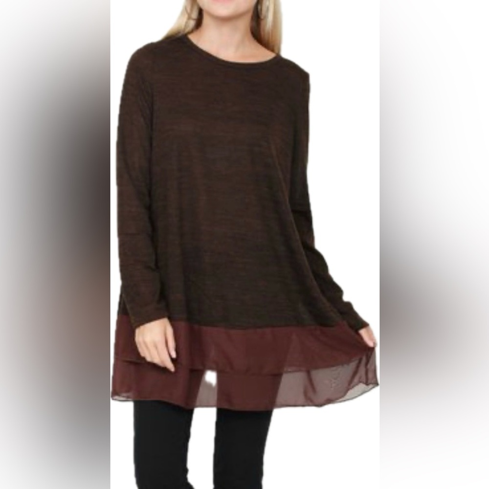 PLUS Egs Elegant Sheer Hem Tunic in Brown. NWT